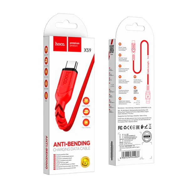 Кабель HOCO X59 USB (m)-Type-C (m) 1.0м 3.0A нейлон красный (1/33/330)