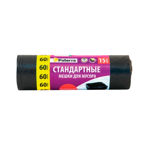 Мешки для мусора 60 л, PATERRA, 10 мкм, 15 шт. в рулоне (1/40)