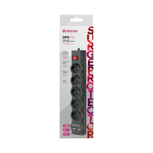 Сетевой фильтр Defender DFS 755 5р.С/З 10A 2USB 220 Дж 5.0м черный (1/30)