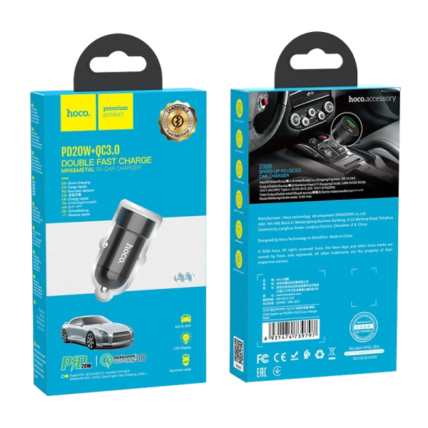 Автомобильное З/У HOCO Z32B 1USB/Type-C 4.0A 20W QC3.0 черный (1/14/140)