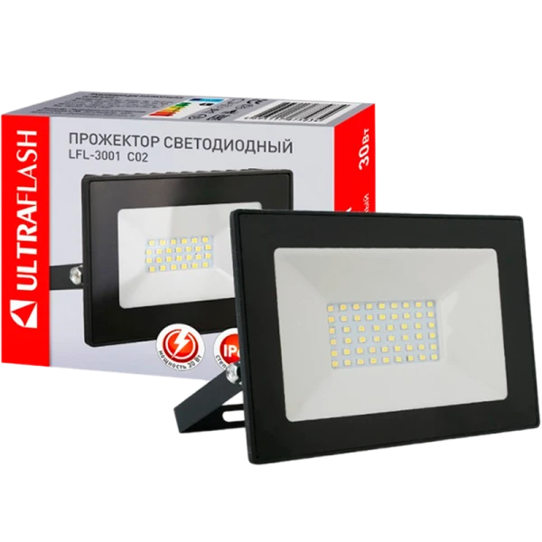 Прожектор светодиодный Ultraflash LFL-3001 30W 230V IP65 6500К холодный черный (1/20)