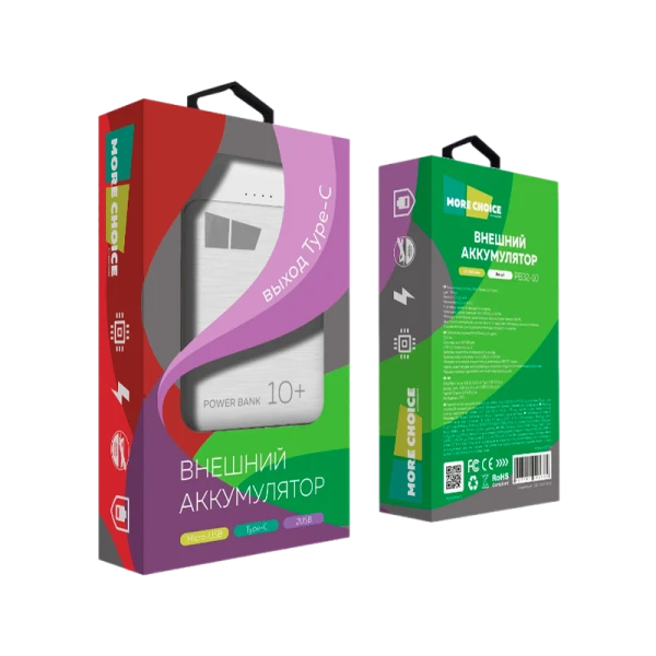 Внешний аккумулятор MORE CHOICE PB32-10 10000mAh 2.1A 2USB белый (1/10/100)