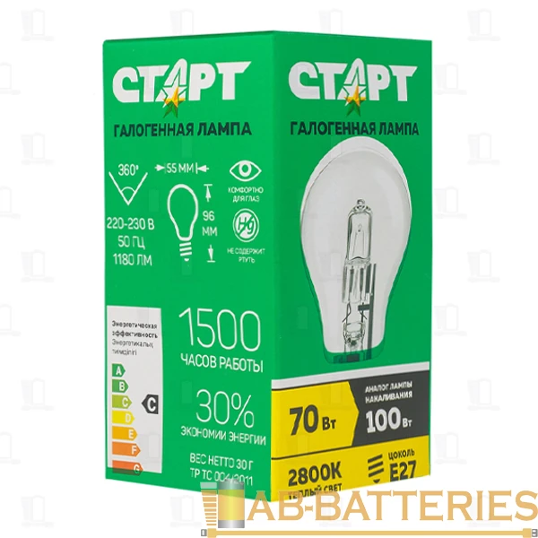 Лампа галогенная Старт E27 70W 2800К 220-230V груша прозрачная