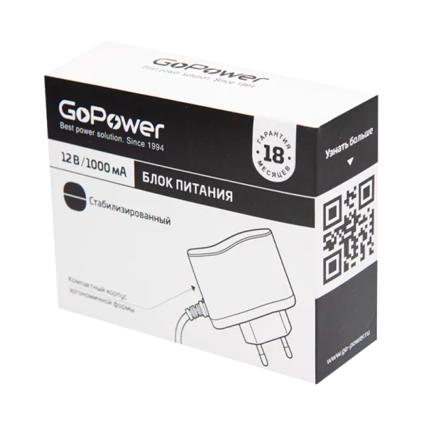 Блок питания GoPower 1.0A 12V 5,5x2,5/12мм импульсный (1/100)