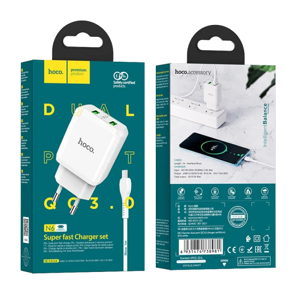 Сетевое З/У HOCO N6 2USB 3.0A QC3.0 с кабелем microUSB белый (1/12/120)