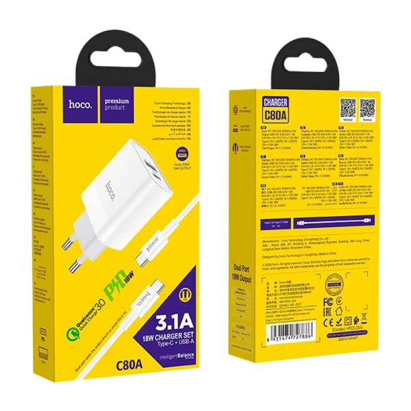 Сетевое З/У HOCO C80A 1USB/Type-C 3.1A 20W QC3.0 с кабелем Type-C-Type-C белый (1/12/120)