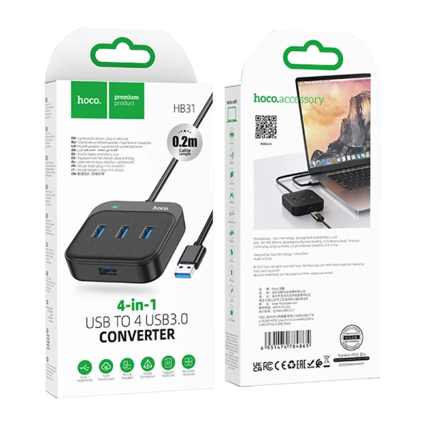 USB-Хаб HOCO HB31 4USB USB (m) USB3.0 0.2м черный (1/19/190)
