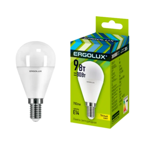 Лампа светодиодная Ergolux G45 E14 9W 3000К 172-265V шар (1/10/100)