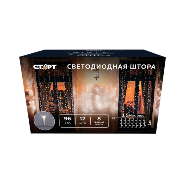 Гирлянда Старт НГ 96LED 1.5*1м лампочки занавес медь 8 режимов белый (1/25/100)