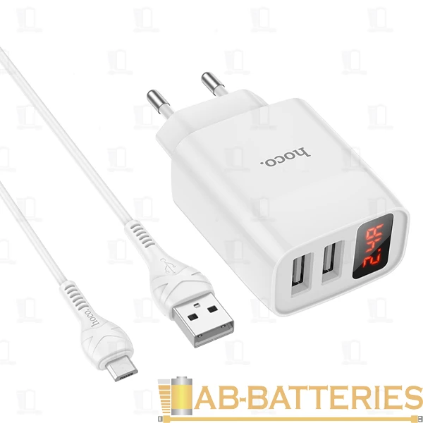 Сетевое З/У HOCO C86A 2USB 2.4A дисплей с кабелем microUSB белый (1/13/130)