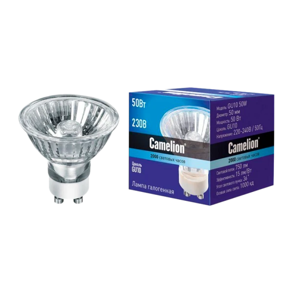 Лампа галогенная Camelion GU10 50W 2800К 220-240V софит 50мм прозрачная (1/10/200)