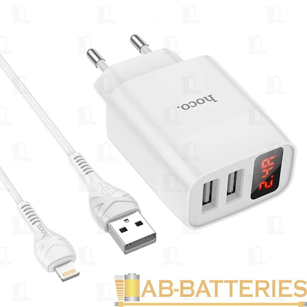 Сетевое З/У HOCO C86A 2USB 2.4A дисплей с кабелем Lightning белый (1/13/130)
