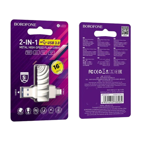 Флеш-накопитель Borofone Soul BUD3 16GB USB3.0 Type-C (m) металл серый (1/25)