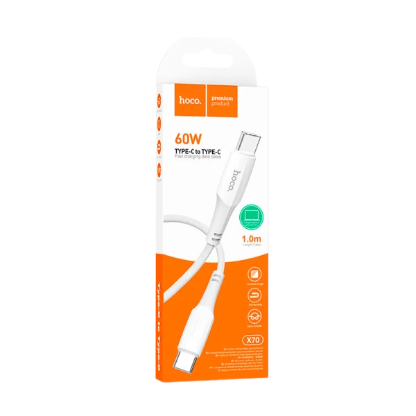 Кабель HOCO X70 Type-C (m)-Type-C (m) 1.0м 3.0A 60W нейлон белый (1/31/310)