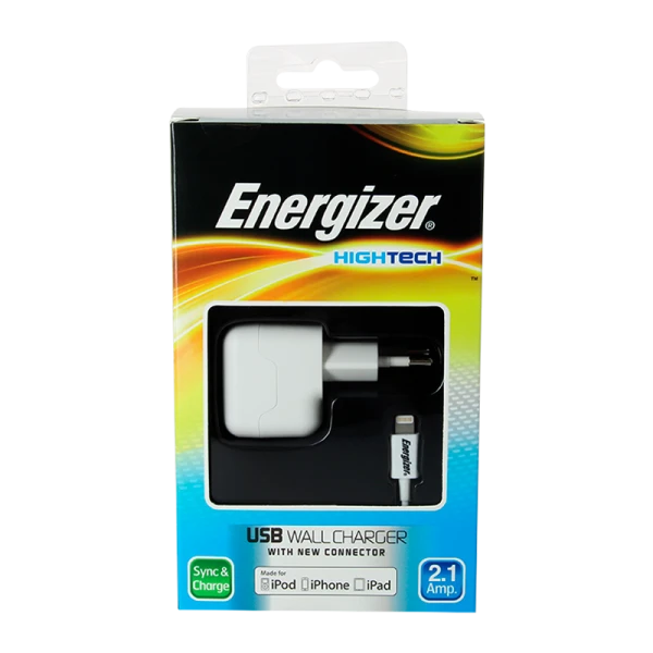Сетевое З/У Energizer Hightech 1USB 2.1A с кабелем Lightning белый