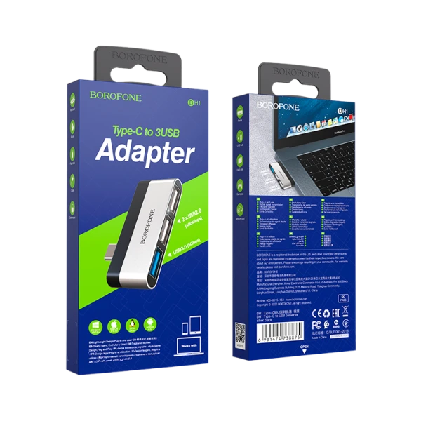 USB-Хаб Borofone DH1 3USB Type-C (m) USB2.0+USB3.0 серебряный (1/27/162)