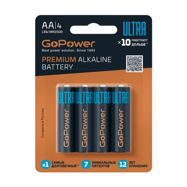 Батарейка GoPower ULTRA LR6 AA BL4 Щелочная 1.5V (4/40/480)