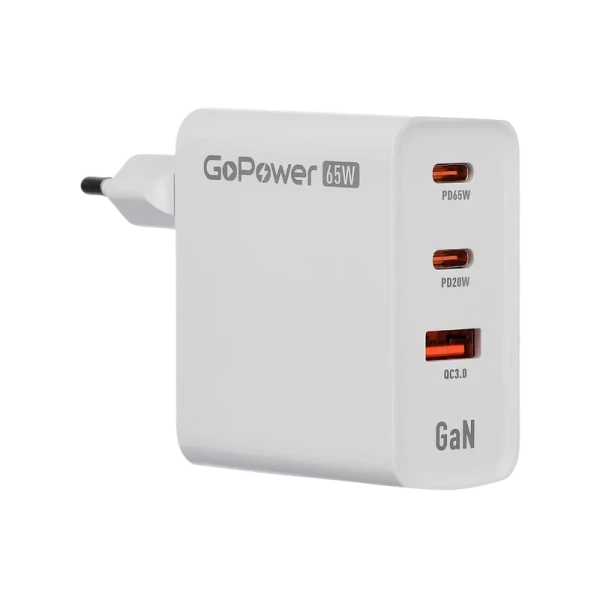 Сетевое З/У GoPower GPQC10 1USB+2Type-C 65W QC3.0 GaN белый