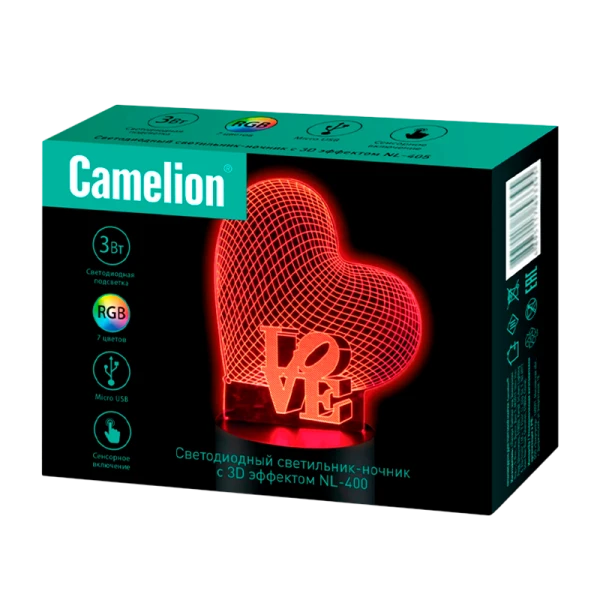 Ночник Camelion NL-400 "Сердце" 3W 220V в розетку RGB