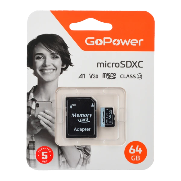 Карта памяти microSD GoPower 64GB Class10 70 МБ/сек V30 с адаптером