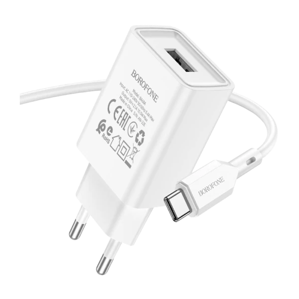 Сетевое З/У Borofone BA68A 1USB Type-C (m) 2.1A белый (1/60/240)