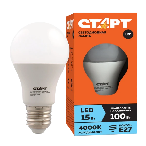 Лампа светодиодная Старт GLS E27 15W 4000К 220V груша Eco матовая (1/10/100)