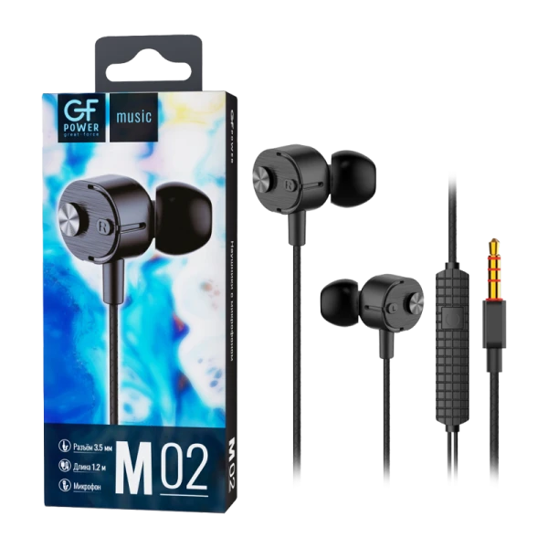 Наушники внутриканальные GFPower M02 с микр. черный (1/200)