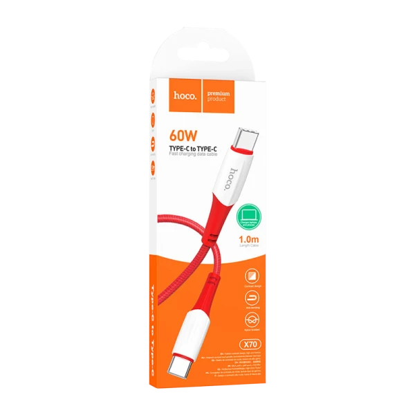 Кабель HOCO X70 Type-C (m)-Type-C (m) 1.0м 3.0A 60W нейлон красный (1/31/310)