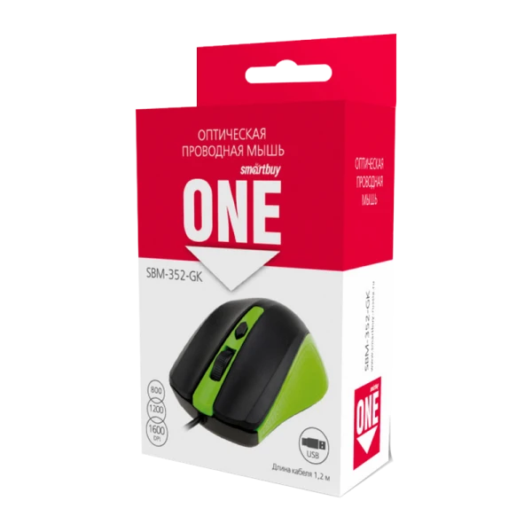 Мышь проводная Smartbuy 352 ONE классическая USB черный зеленый (1/100)