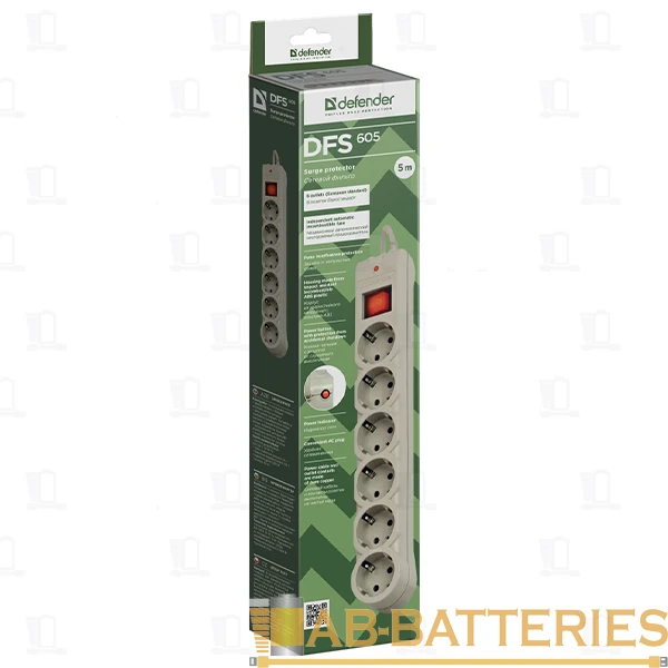 Сетевой фильтр Defender DFS 605 6р.С/З 10A 220 Дж 5.0м белый (1/30)