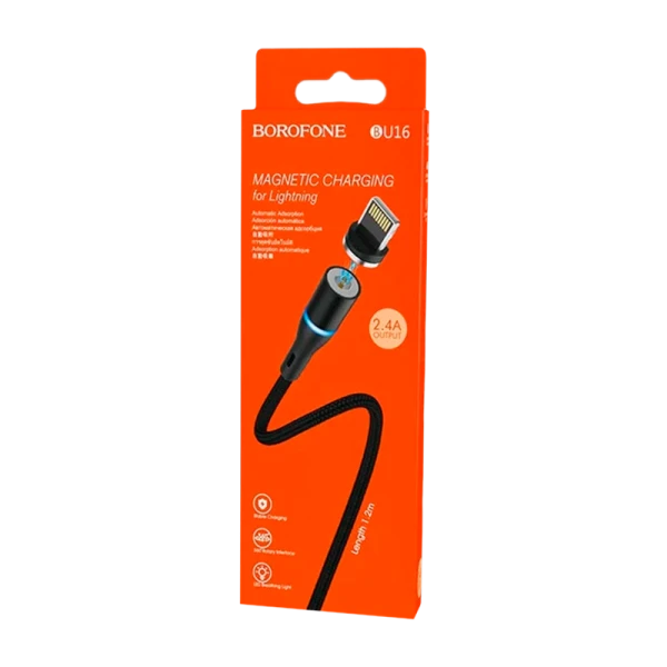 Кабель Borofone BU16 USB (m)-Lightning (m) 1.0м 2.4A нейлон магнит черный (1/63/252)