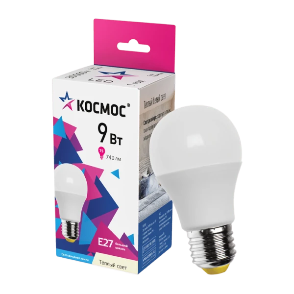 *Лампа светодиодная Космос A55 E27 9W 3000К 200-240V груша матовая (1/10/100) 
