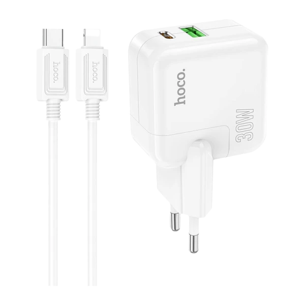 Сетевое З/У HOCO C111A 1USB/Type-C 3.0A 30W с кабелем Type-C-Lightning белый (1/20/120)