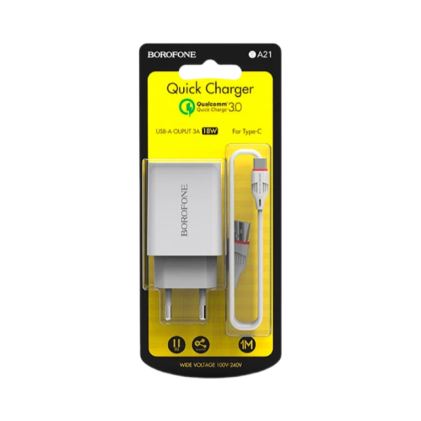 Сетевое З/У Borofone BA21A 1USB 3.0A QC3.0 белый (1/83/332)