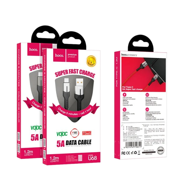 Кабель HOCO U68 USB (m)-Type-C (m) 1.2м 5.0A нейлон черный (1/20/200)