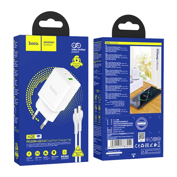 Сетевое З/У HOCO N28 1USB/Type-C 20W с кабелем Type-C-Type-C 60W белый (1/13/130)