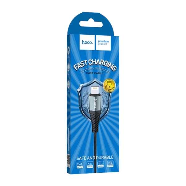 Кабель HOCO X38 USB (m)-Lightning (m) 1.0м 2.4A нейлон черный (1/30/300)