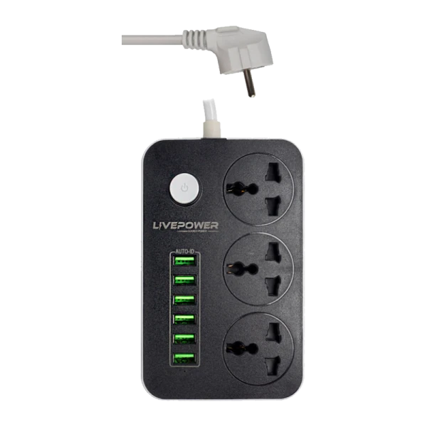 Сетевой фильтр Live Power LP3604 3р.С/З 10A 6USB с выкл. 2.0м универсальный черный (1/50)