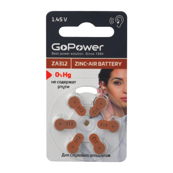 Батарейка GoPower ZA312 BL6 Zinc Air (6/60/600/3000)