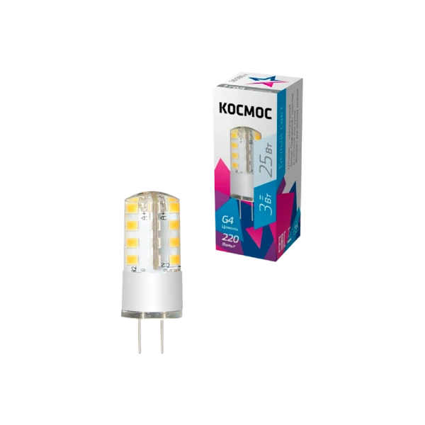 *Лампа светодиодная Космос G4 3W 4500К 220V капсула прозрачная (1/100/1000) 