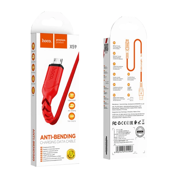 Кабель HOCO X59 USB (m)-microUSB (m) 1.0м 2.4A нейлон красный (1/30/300)