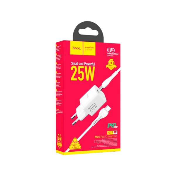 Сетевое З/У HOCO N19 Type-C 25W PD3.0 с кабелем Type-C-Type-C белый (1/12/120)
