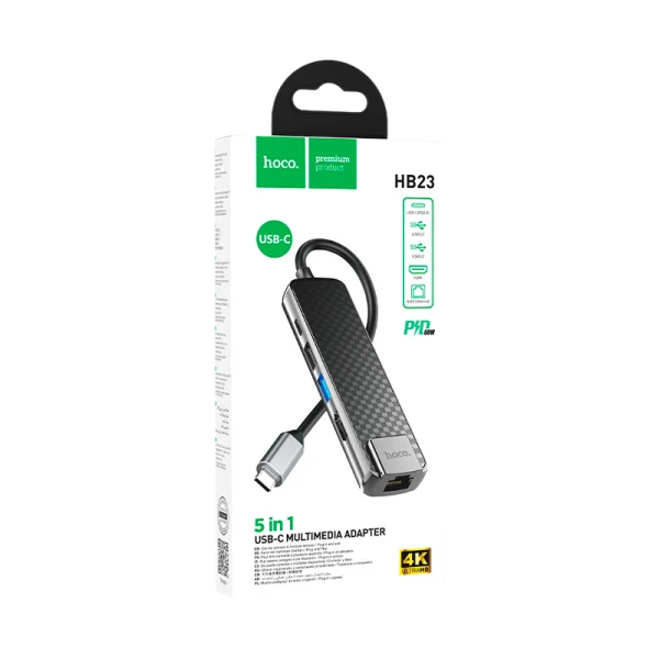 USB-Хаб HOCO HB23 2USB/Type-C/HDMI/RJ45 Type-C (m) USB3.0 серый (1/18/180)