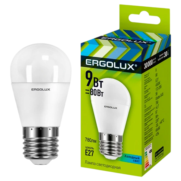 Лампа светодиодная Ergolux G45 E27 9W 4500К 172-265V шар (1/10/100)