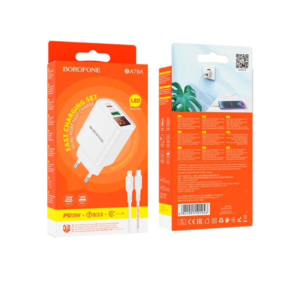 Сетевое З/У Borofone BA78A 1USB/Type-C 3.0A 20W QC3.0 дисплей белый (1/35/140)