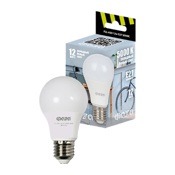 *Лампа светодиодная Фаzа A60 E27 12W 5000К 220-240V груша (1/10/100) 