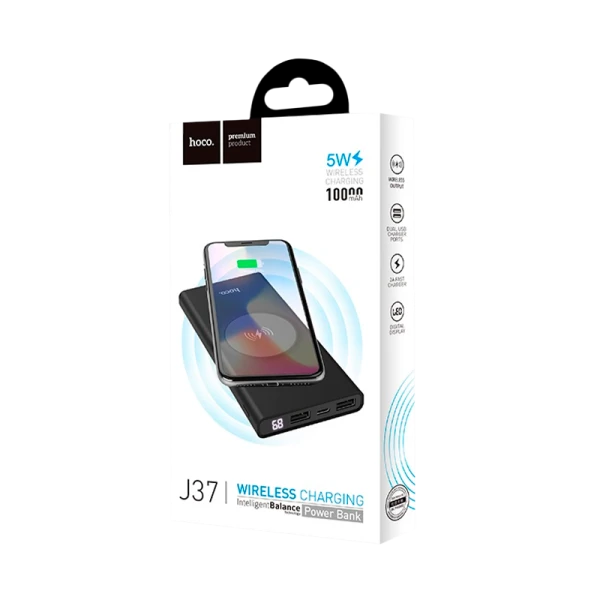 Внешний аккумулятор HOCO J37 10000mAh 2.0A 2USB/Type-C беспр. зар. Qi черный (1/39)