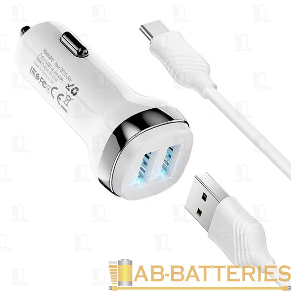 Автомобильное З/У HOCO Z40 2USB 2.4A с кабелем Type-C белый (1/12/120)