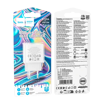 Сетевое З/У HOCO C109A 1USB+1Type-C 20W PD3.0 белый (1/36/216)