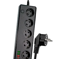 Сетевой фильтр SAFETY SOCKET SR06 5р.С/З 10A 2.0м 3USB/Type-C QC3.0 / PD3 с выкл. черный